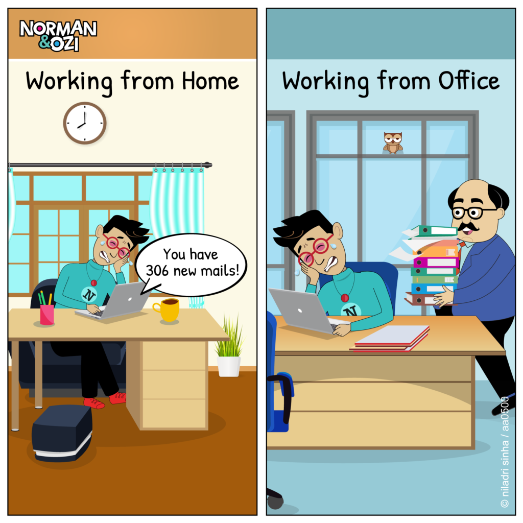 cartoon of difference from work from home and work from office