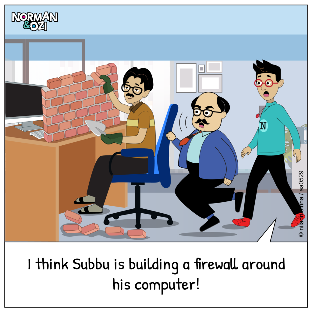 funny office cartoons on firewall cyber security 