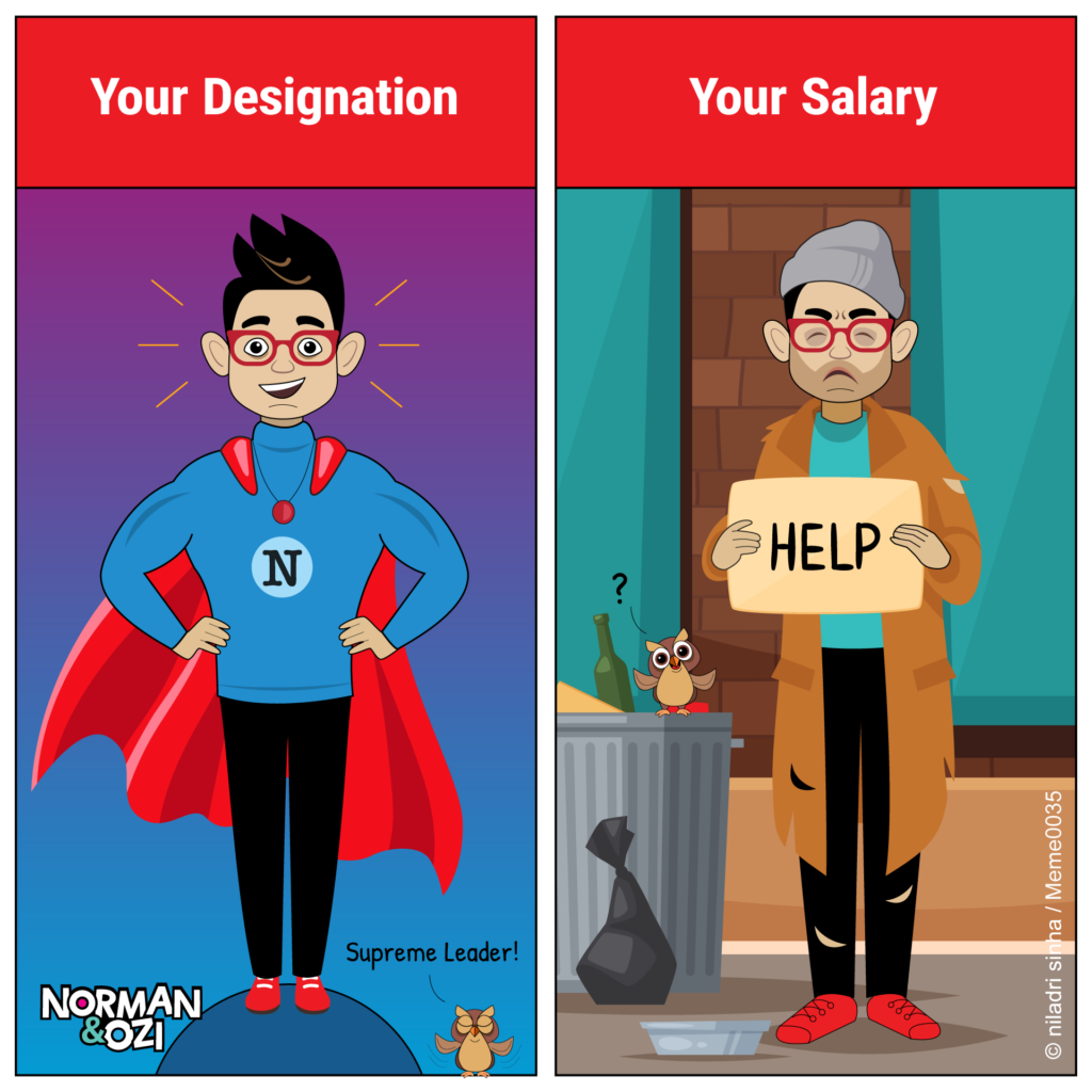 designation and salary comics at office.